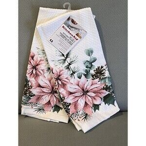 Kitchen Aid Kitchen Towels Pink Poinsettia & Greens Cotton Terry 2 Pk Christmas